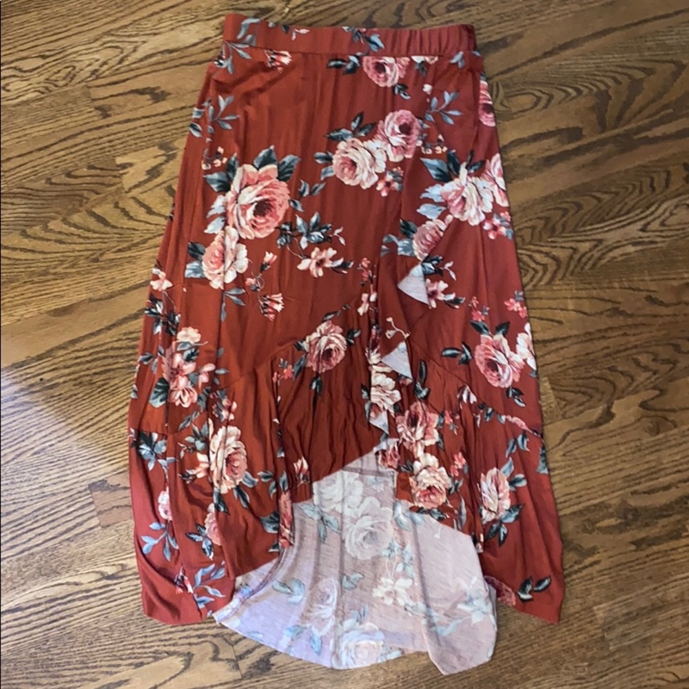 High low red floral skirt